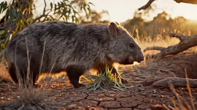 A gray, furry wombat walks across dry, cracked earth bathed in the golden light of sunset