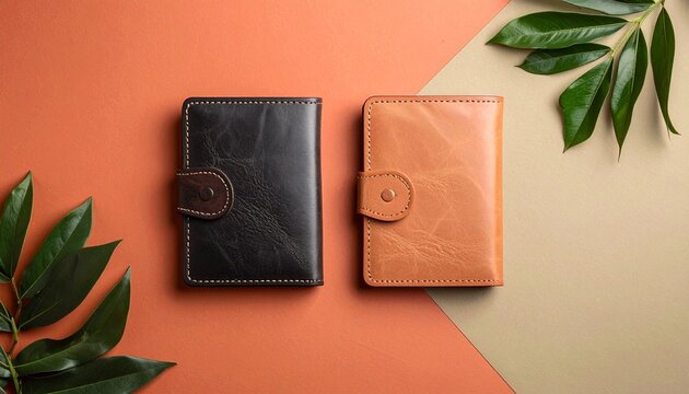 Two stylish leather wallets, one black and one tan, displayed on a split-color background with green leaves.