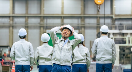 工場の中で部下に背を向けられショックを受ける作業員リーダー
