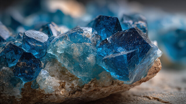 A close-up view of stunning crystalline structures. The crystals shimmer with captivating blue hues
