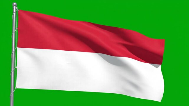 Indonesia Flag on green screen: The flag of Indonesia proudly unfurls against a vibrant green backdrop, its red and white stripes waving with dignity in the wind.