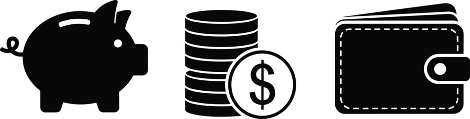 Finance and Savings Icon Set Silhouette, Piggy Bank, Coin Stack and Wallet Vector Symbols Isolated on White Background for Banking and Money Design