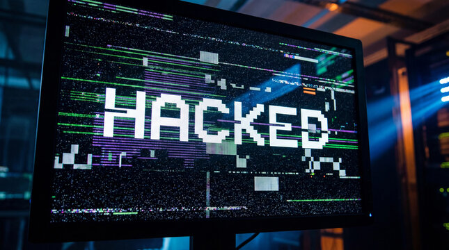 Computer monitor showing hacked text with digital noise