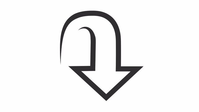 Minimalist downward-pointing curved arrow icon isolated on transparent background. Simple arrow symbol with a U-turn curve for user interface and navigation design. Abstract redirect and return icon.