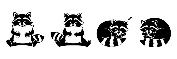 Cute Raccoons illustrations, sitting, sleeping, and curling up © Sunnn