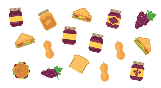 A vibrant collection of peanut butter and jelly sandwiches, jars of jam, and grapes scattered across a white background.