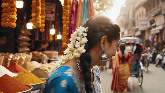 Vibrant Indian Market Scene, Traditional Clothing, Spices, Cultural Tourism