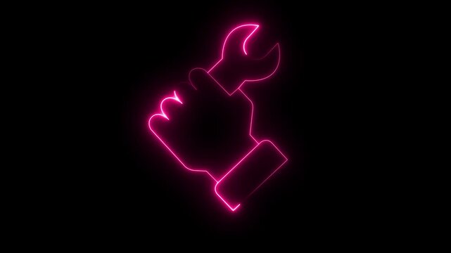 Glowing pink neon outline animation of a hand holding a wrench on a black background, service, repair, maintenance, or technical support.