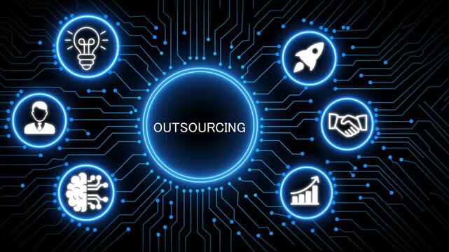 A glowing neon outsourcing concept surrounded by smaller icons for ai and manufacturing process management all connected in a digital circuit like pattern, manufacturing planning, 