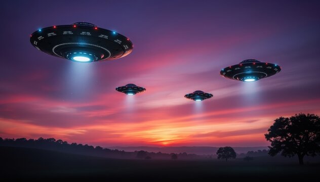 UFO Fleet over Dramatic Sky: A fleet of unidentified flying objects (UFOs) soars through a twilight sky, casting an aura of mystery and wonder over the landscape below.