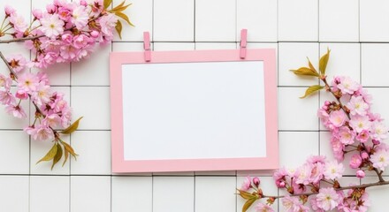 Obraz premium Empty pink photo frame hanging on white brick wall with blooming cherry blossoms spring decoration minimalist aesthetic