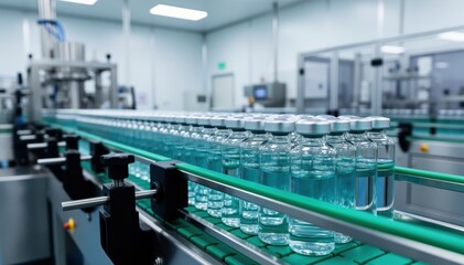 Fototapeta premium Manufacturing: Vaccine vials are meticulously processed and filled on an automated assembly line, with precision and sterile environment