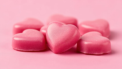 Obraz premium Sweethearts' Embrace: A close-up shot of several heart-shaped candies, arranged against a matching pink background, evokes feelings of love and affection. Each candy glistens.