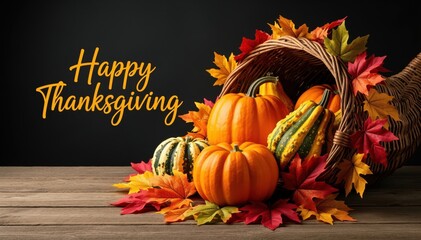 Thanksgiving Harvest: A bountiful cornucopia overflows with the vibrant colors of autumn, featuring ripe pumpkins, gourds, and autumn leaves, conveying the spirit of Thanksgiving.