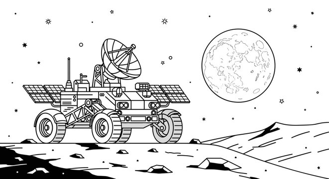 A minimalist line art illustration of a lunar rover on the moon's surface with a large moon in the background