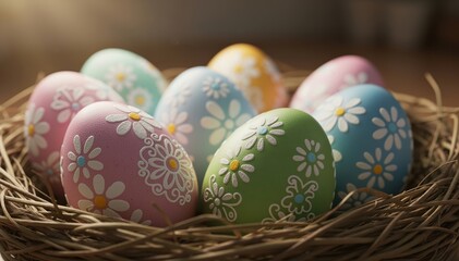 Naklejka premium Easter Egg Nest: A close-up shot of a rustic nest filled with vibrantly painted Easter eggs, each adorned with delicate floral patterns.