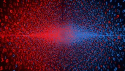 Fototapeta premium Binary Code Tunnel: A mesmerizing tunnel of binary code streams, merging from opposing red and blue directions, symbolizing data flow and digital connectivity.