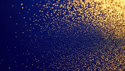Celestial Sparkle: Glimmering golden particles dance across a deep blue canvas, creating a mesmerizing display of light and depth. It is an abstract representation of stars and galaxies.