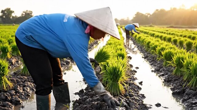 A farmer plants rice seedlings in a flooded field, other workers in background, sunny day