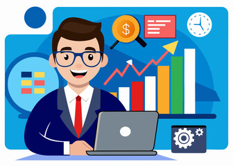 Flat vector illustration A smiling professional drives business growth. This concept highlights financial analysis, strategic planning, and investment success
