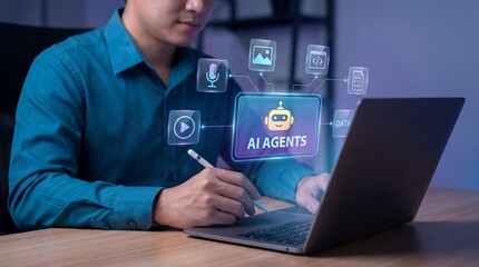 Fototapeta premium Man working on laptop with ai agents interface on screen