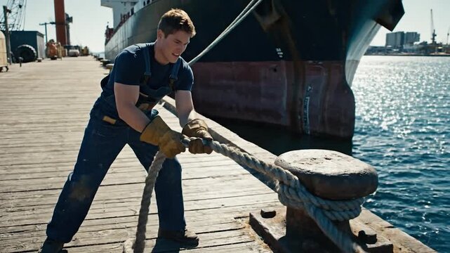 A docker strains to secure a vessel's line on a dock. The ship and sea are backgrounded