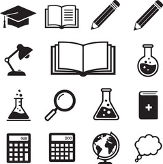 Obraz premium A black and white vector icon set featuring educational and scientific tools. It includes books, graduation caps, pencils, calculators, beakers, a globe, and a magnifying glass for academic themes.