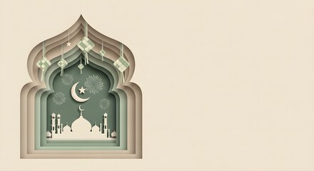 Eid Mubarak or Ramadan greeting card with a mosque silhouette and crescent moon in a decorative archway against a beige background.