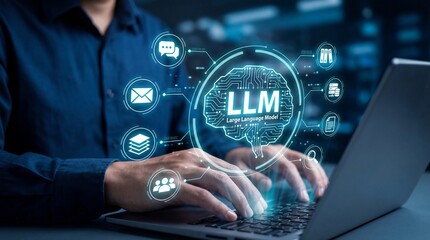 Naklejka premium Person typing on laptop with llm and digital icons