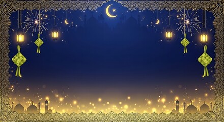 A serene night scene with a crescent moon, lanterns, and festive lights on a gold background, celebrating eid al-fitr or ramadan with a warm and joyful mood.