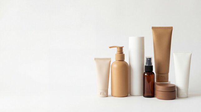 Assorted natural skincare product packaging on a white surface isolated on white background