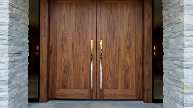 Modern Wooden Front Door Entrance with Stone Pillars.