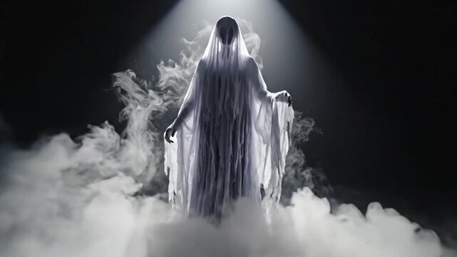 Mystical Hooded Figure Emerging from Smoke in Dark Atmospheric Scene