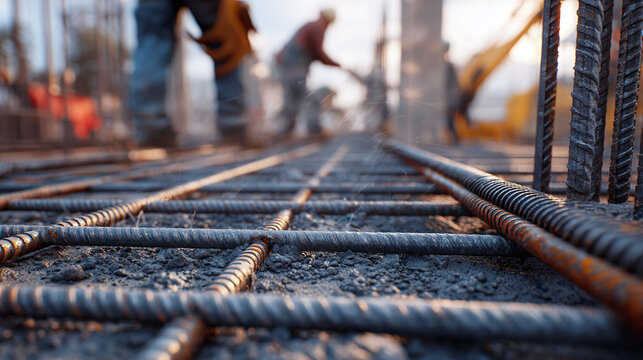 Construction workers build with steel bars at the site