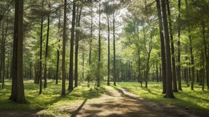 Naklejka premium Follow the sun-dappled path into the silent, ethereal heart of the deep woods.