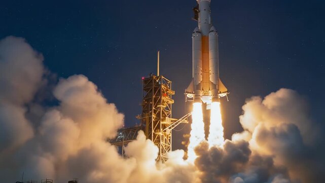Powerful rocket launch at night with flames and smoke against starry sky
