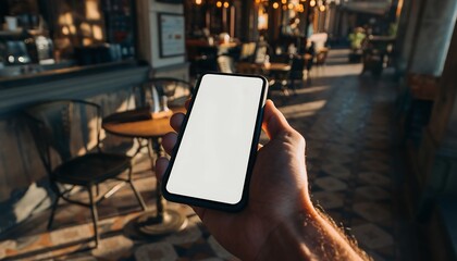 A hand holding a smartphone with a blank screen in a dimly lit cafe with tables and chairs around