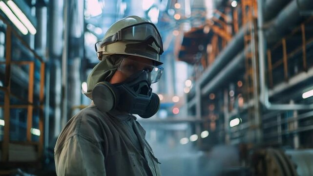 masked technician in chemical plant wearing respirator and helmet, surveying complex piping and heavy machinery, steam haze and industrial lighting, conducting safety inspection