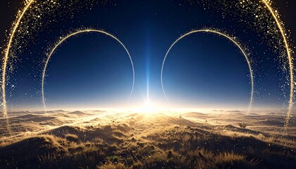 A celestial scene depicting a binary sunrise over a misty landscape with gold arches against a starry night sky
