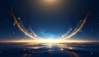 Cosmic explosion of light and energy over a celestial landscape viewed from a distant vantage point