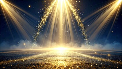 Celebratory lights shining down on a glittering stage with golden sparks and fog under spotlights