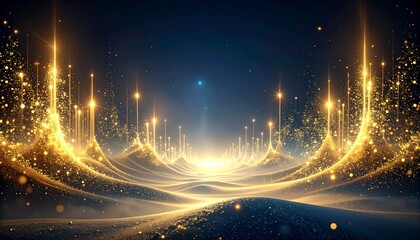 Golden Light Trails Illuminating the Dark Landscape with Vibrant Particles and Shining Effects from a Distant Viewpoint