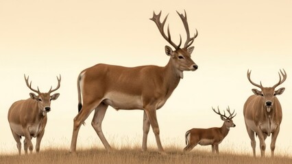 Naklejka premium Four deer, including a stag, standing in dry, golden grasses on horizon