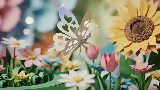 A delicate butterfly flutters among vibrant flowers in a lush garden scene, full of life and colorful blooms.