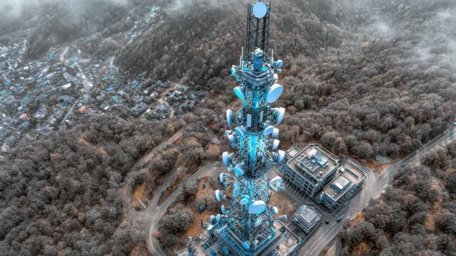 A high angle view showcases a communications tower amidst a forest and nearby village