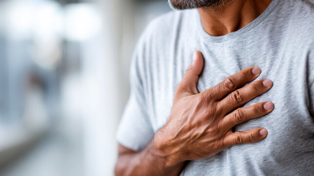 Elderly man clutching chest in pain, suffering from heart disease heart attack. Mature adult male experiencing discomfort, holding hands on chest area. Older person with health issue, needing medical