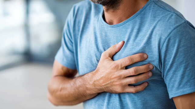 Elderly man clutching chest in pain, suffering from heart disease heart attack. Mature adult male experiencing discomfort, holding hands on chest area. Older person with health issue, needing medical
