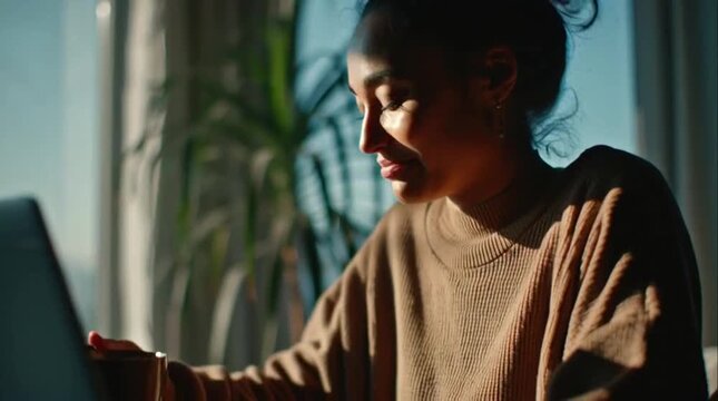 Focused young woman concentrating on her laptop screen in a warm, sunlit home environment, deeply engaged in remote work or online learning with a plant in the background