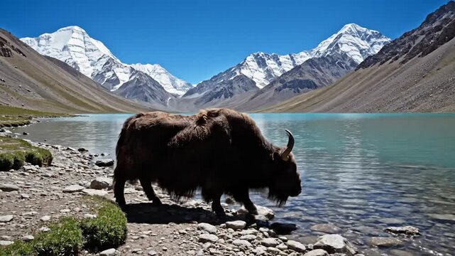A yak drinks from a glacial lake, framed by snow-capped mountains and a clear blue sky