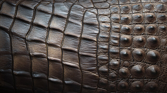 A detailed view of a crocodile skin texture, highlighting its rugged and scaled surface. The image focuses on the intricate patterns of the reptilian skin